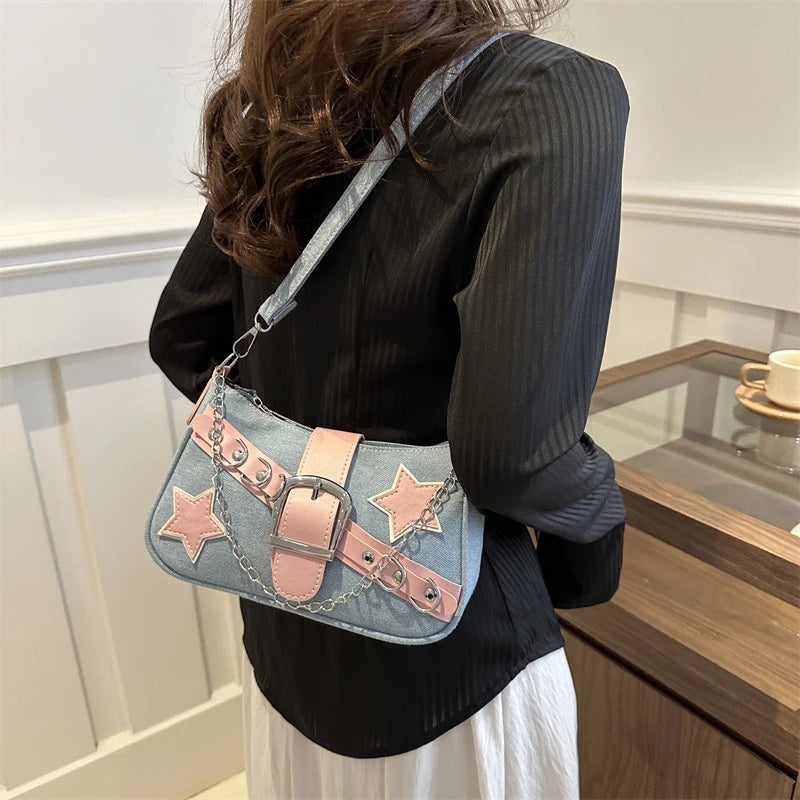 Women’s Denim Shoulder Bag – Star Pattern Hobo Tote