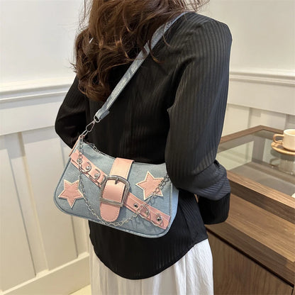 Women’s Denim Shoulder Bag – Star Pattern Hobo Tote