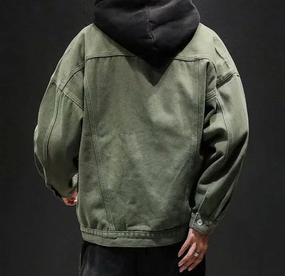 Men’s Black Denim Jacket – Cargo Style, Loose Fit Y2K Outerwear