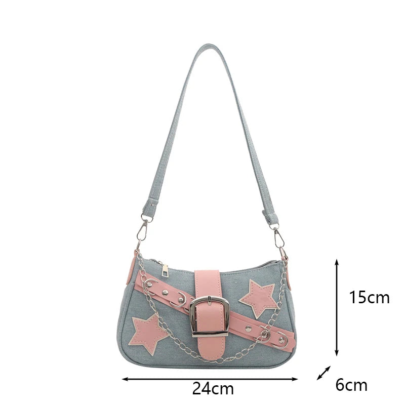 Women’s Denim Shoulder Bag – Star Pattern Hobo Tote