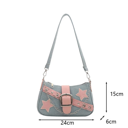 Women’s Denim Shoulder Bag – Star Pattern Hobo Tote