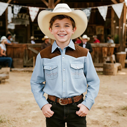 Boys Vintage Denim Cowboy Shirt – Pearl Snap Western Top