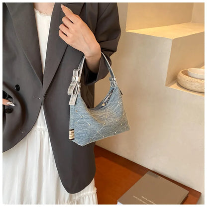 Women’s Denim Armpit Bag – 2025 Trendy Beaded Shoulder & Crossbody Tote