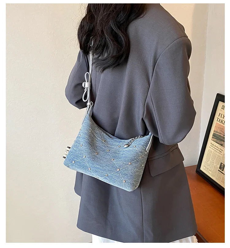Women’s Denim Armpit Bag – 2025 Trendy Beaded Shoulder & Crossbody Tote