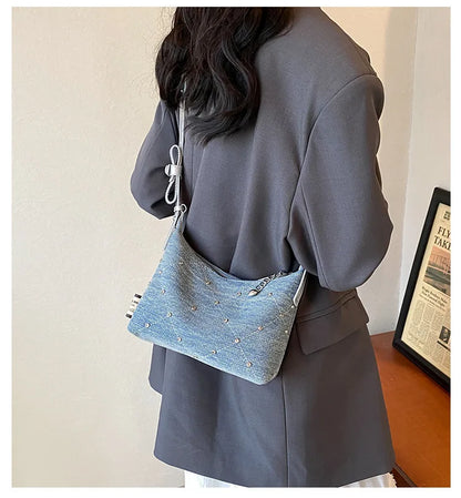 Women’s Denim Armpit Bag – 2025 Trendy Beaded Shoulder & Crossbody Tote