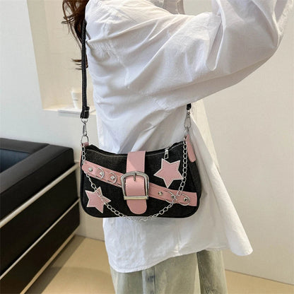Women’s Denim Shoulder Bag – Star Pattern Hobo Tote