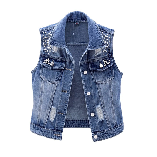 Women’s Cropped Denim Vest – Slim-Fit Sleeveless Top