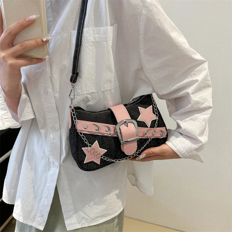 Women’s Denim Shoulder Bag – Star Pattern Hobo Tote