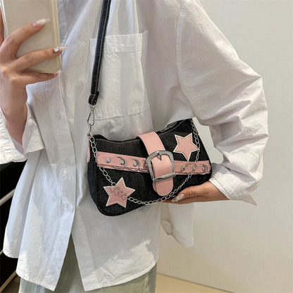 Women’s Denim Shoulder Bag – Star Pattern Hobo Tote