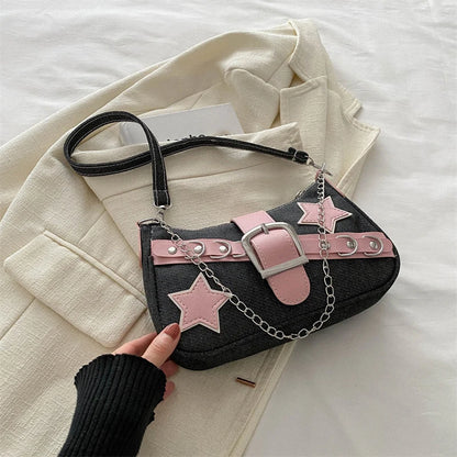 Women’s Denim Shoulder Bag – Star Pattern Hobo Tote