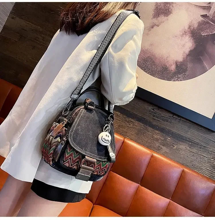 Women’s Denim Embroidered Backpack – Retro Ethnic Crossbody Bag