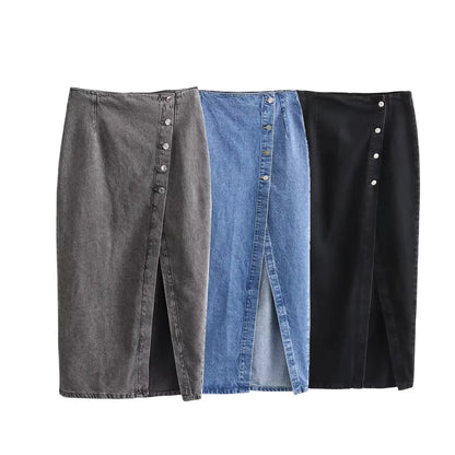Women’s Button-Front Denim Midi Skirt with Side Slit