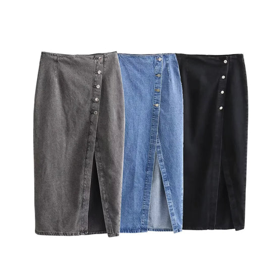 Women’s Button-Front Denim Midi Skirt with Side Slit