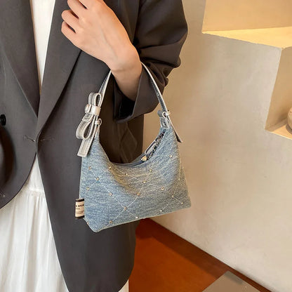 Women’s Denim Armpit Bag – 2025 Trendy Beaded Shoulder & Crossbody Tote