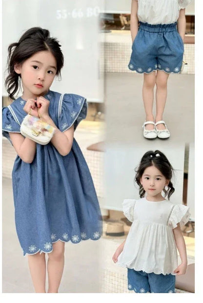 Kids French Style Floral Denim Dress – Summer Cotton Outfit