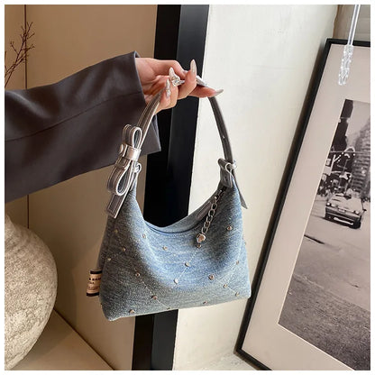 Women’s Denim Armpit Bag – 2025 Trendy Beaded Shoulder & Crossbody Tote