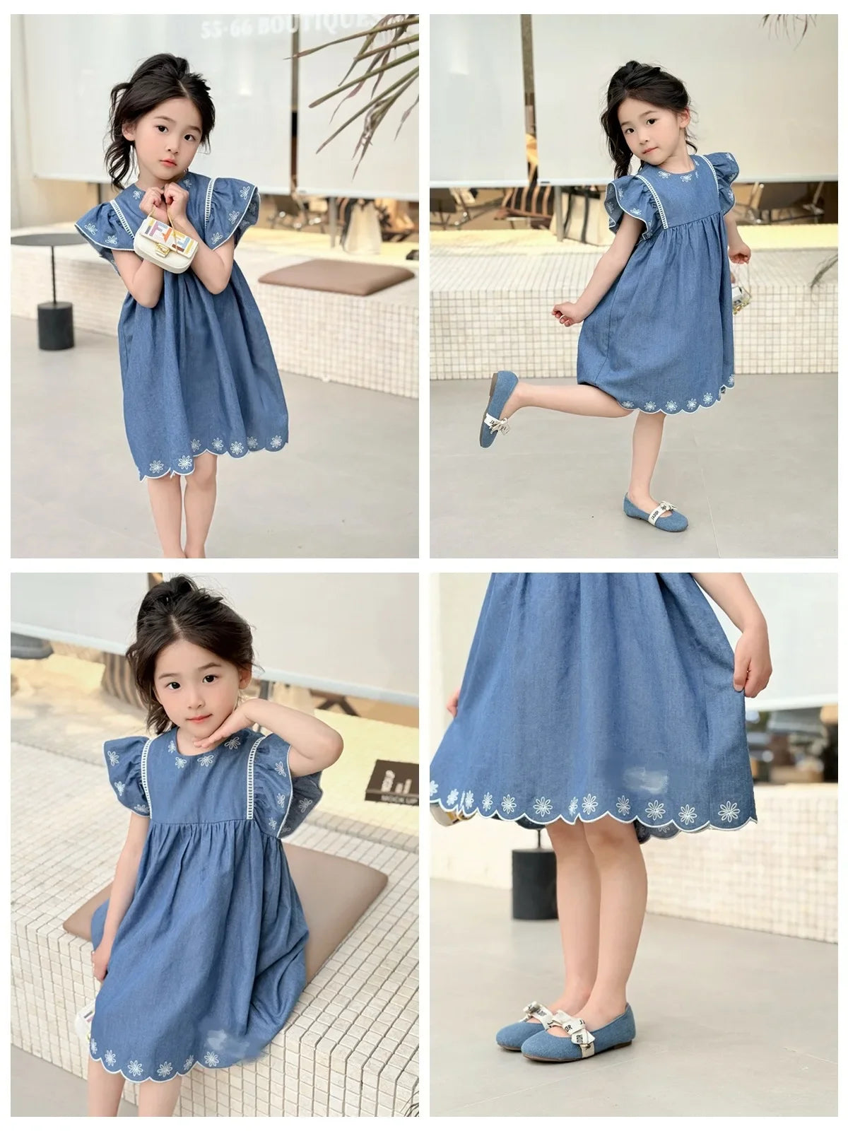 Kids French Style Floral Denim Dress – Summer Cotton Outfit
