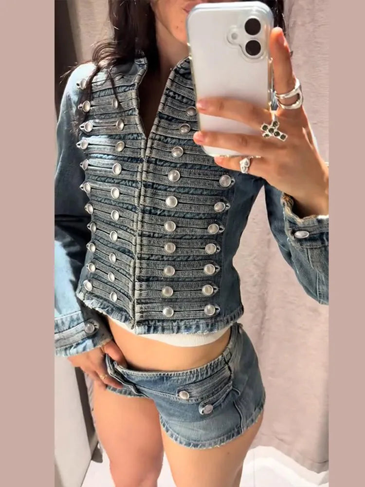 Military Style Denim Jacket & Pants Set