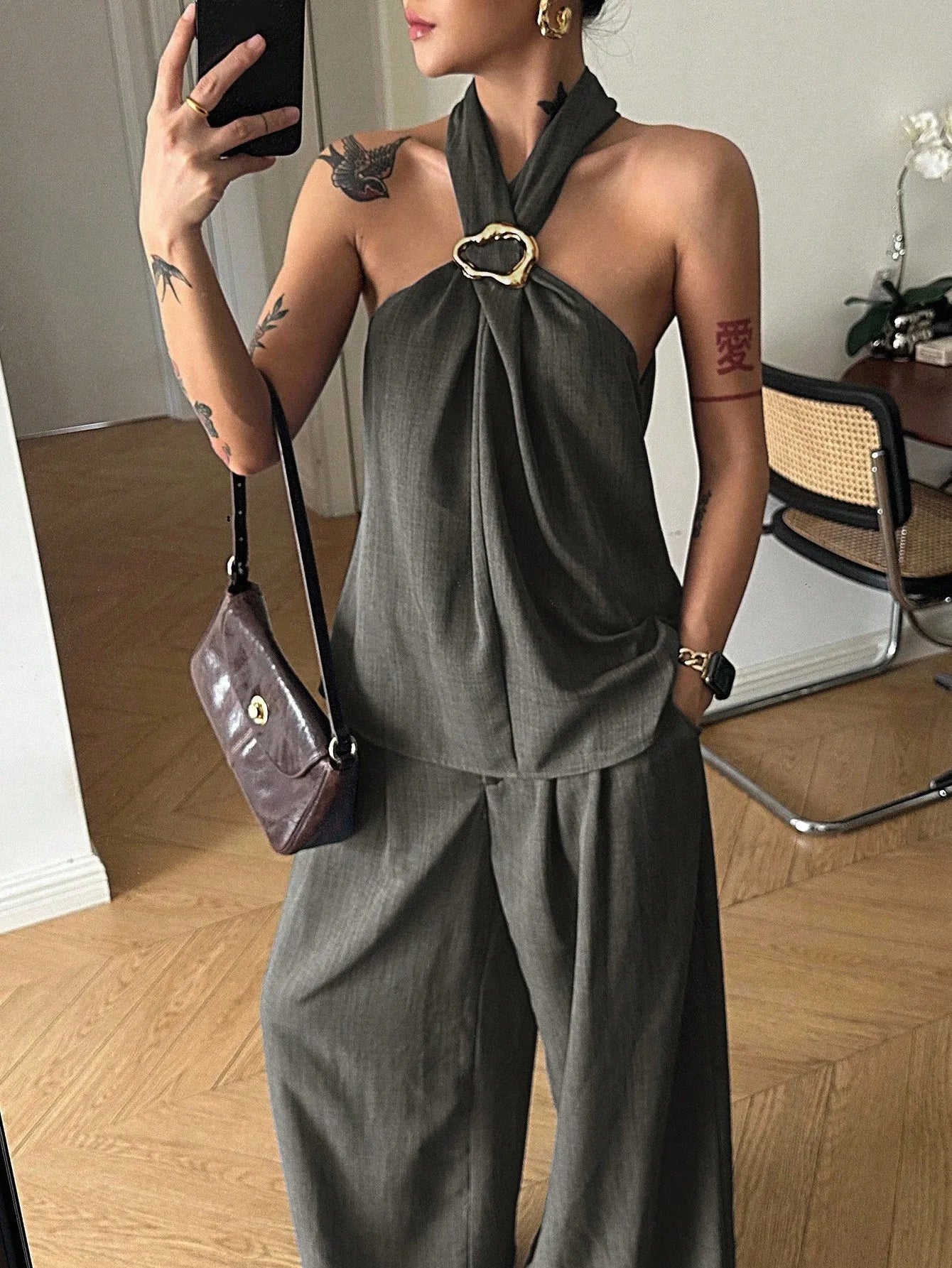 Halter Denim Top & Wide Leg Pants Set