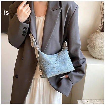 Women’s Denim Armpit Bag – 2025 Trendy Beaded Shoulder & Crossbody Tote