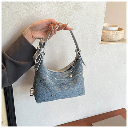 Women’s Denim Armpit Bag – 2025 Trendy Beaded Shoulder & Crossbody Tote