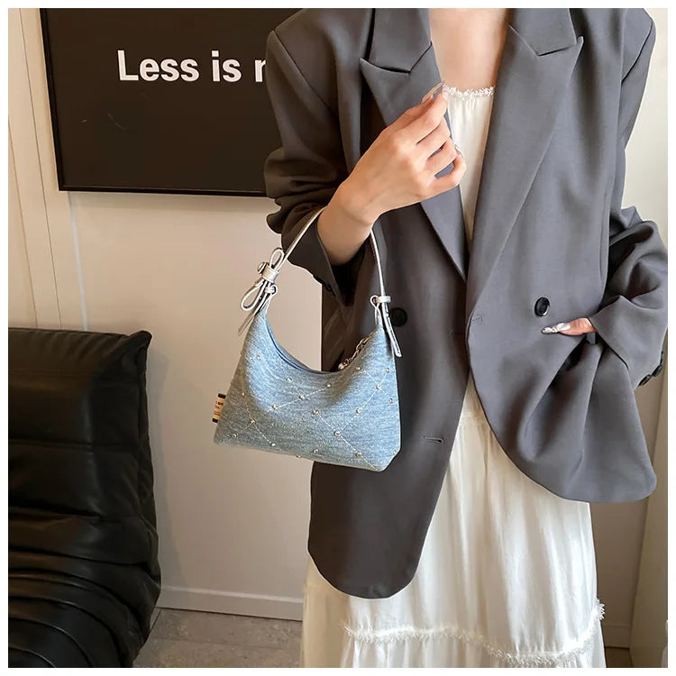 Women’s Denim Armpit Bag – 2025 Trendy Beaded Shoulder & Crossbody Tote