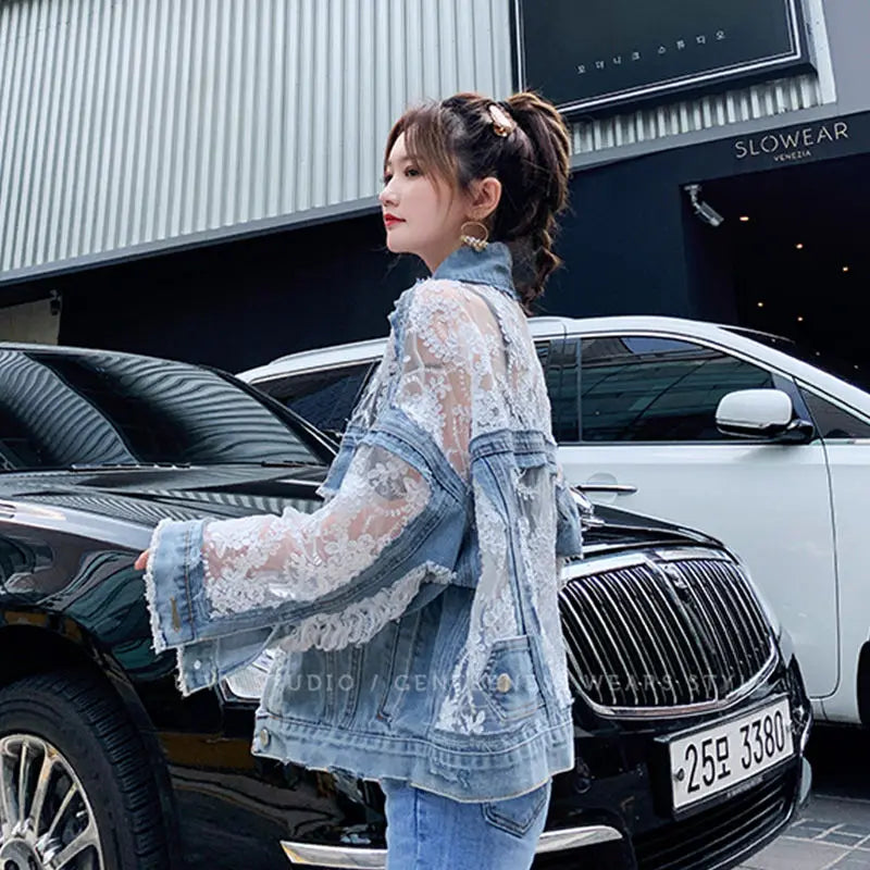 Embroidered Mesh Denim Jacket
