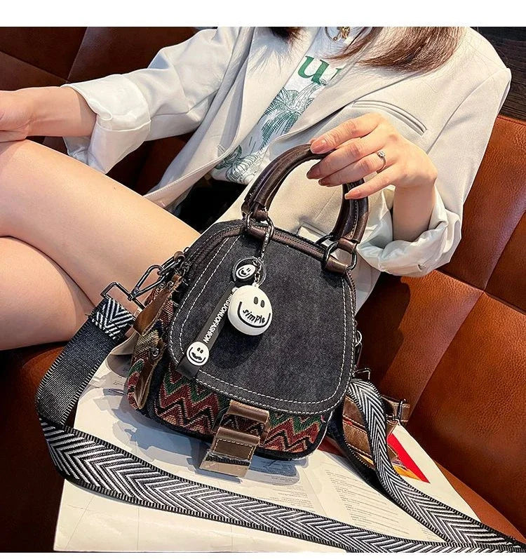 Women’s Denim Embroidered Backpack – Retro Ethnic Crossbody Bag