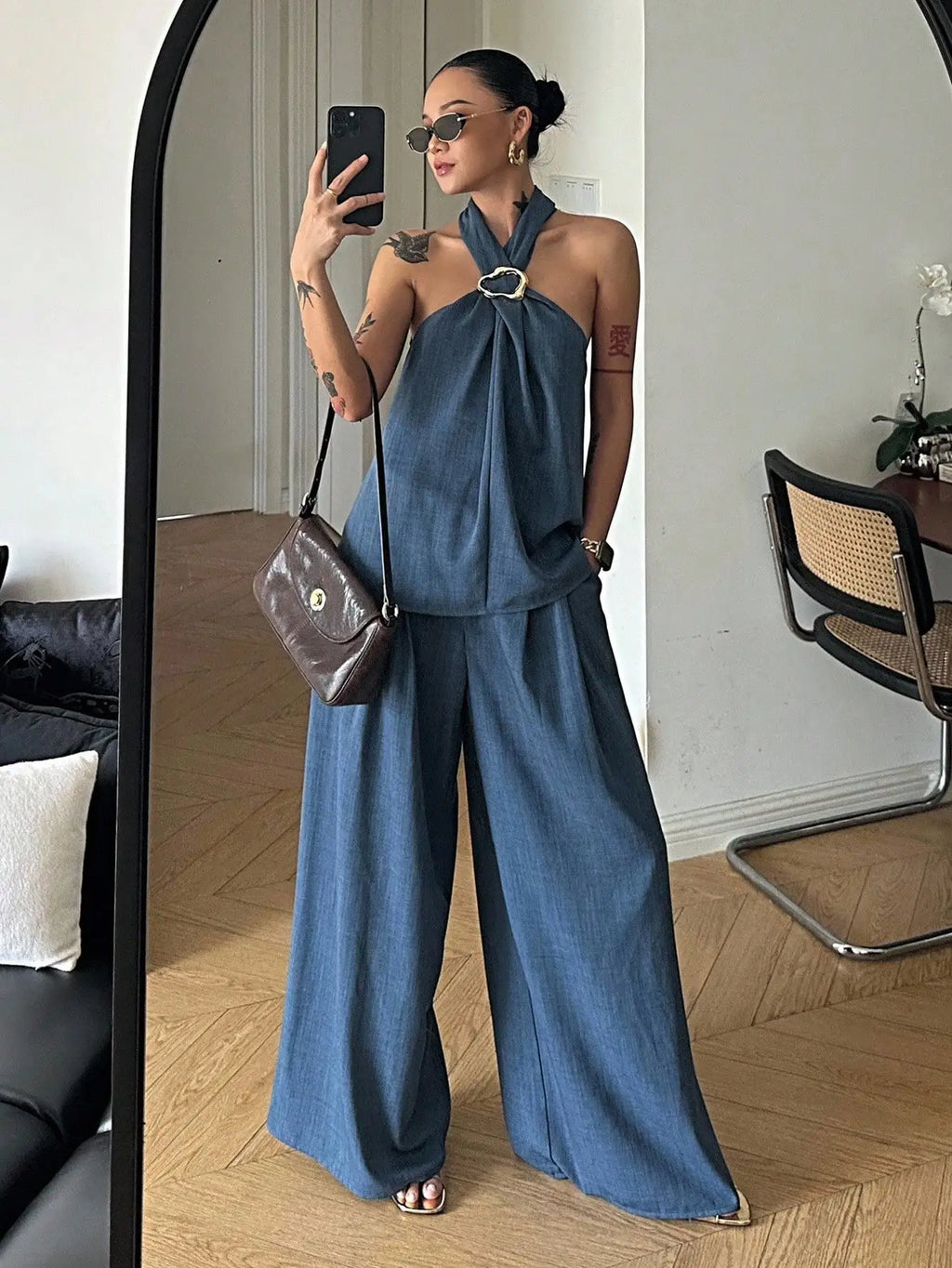 Halter Denim Top & Wide Leg Pants Set
