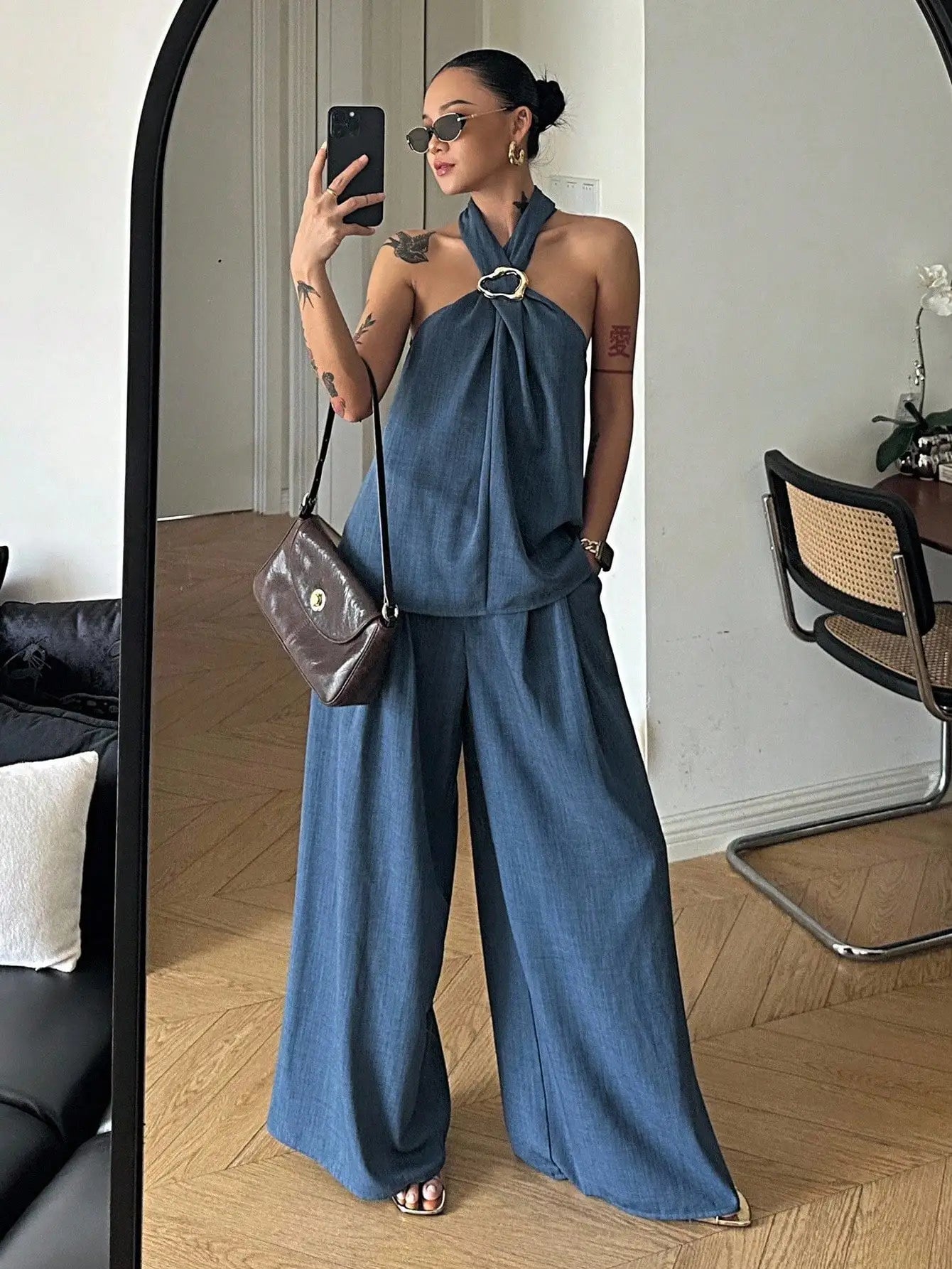 Halter Denim Top & Wide Leg Pants Set