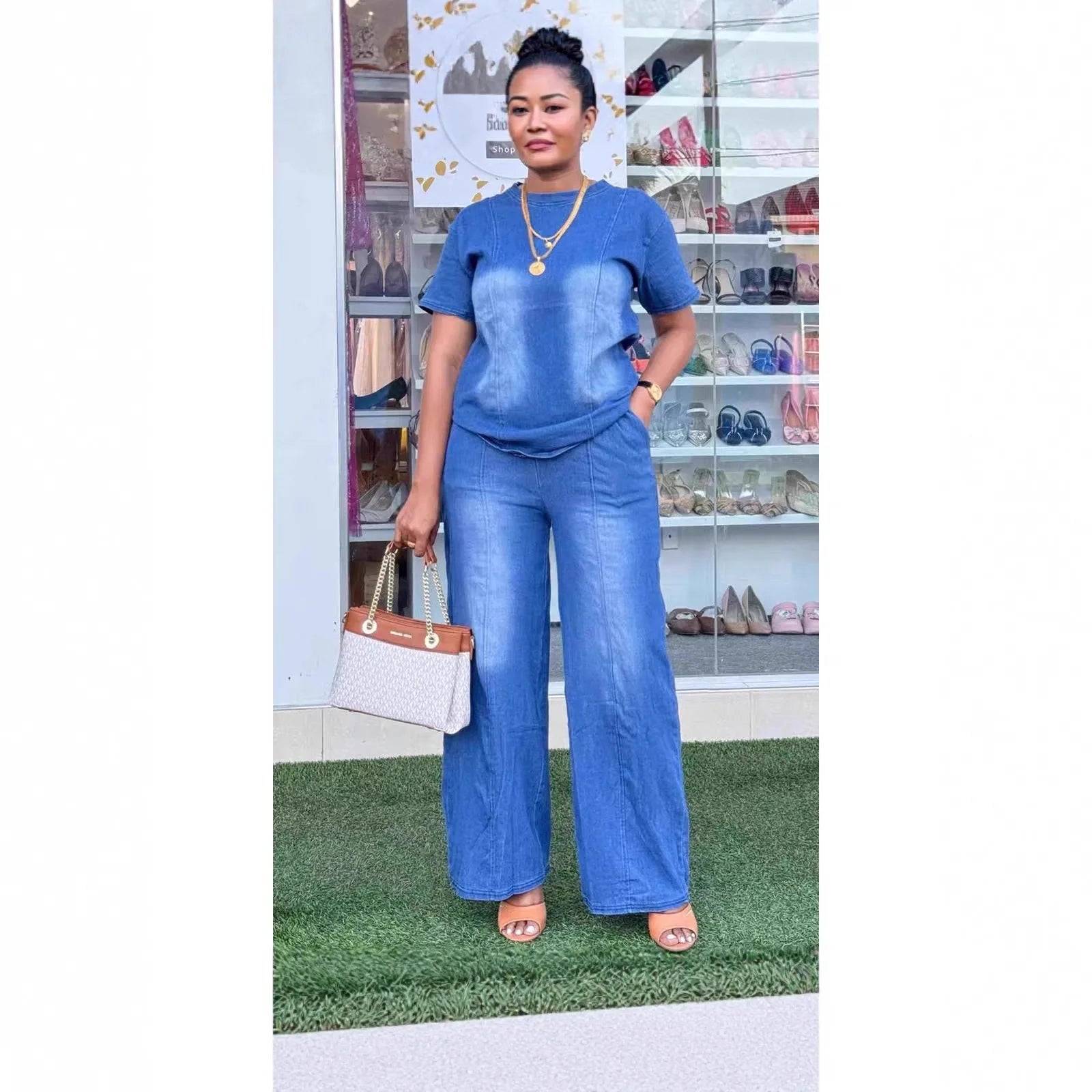 Women’s Denim Top & Wide Leg Pants Set