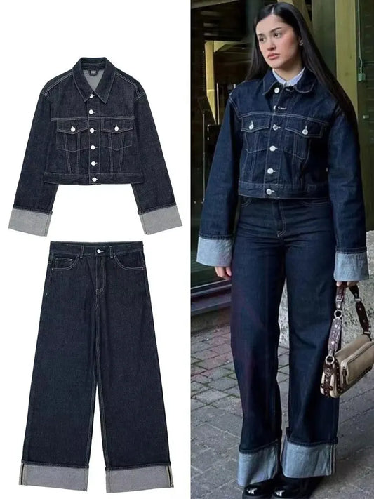 Women’s Denim Jacket & Wide-Leg Jeans Set – High Street Style