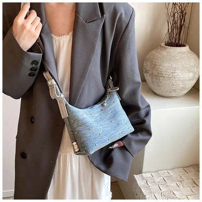 Women’s Denim Armpit Bag – 2025 Trendy Beaded Shoulder & Crossbody Tote