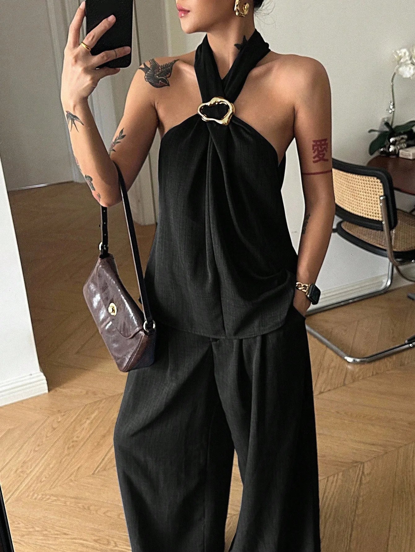 Halter Denim Top & Wide Leg Pants Set