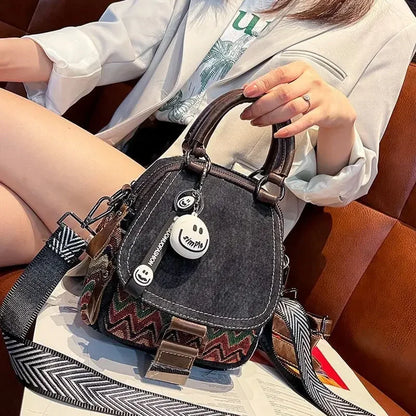 Women’s Denim Embroidered Backpack – Retro Ethnic Crossbody Bag