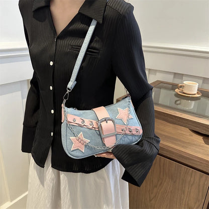 Women’s Denim Shoulder Bag – Star Pattern Hobo Tote