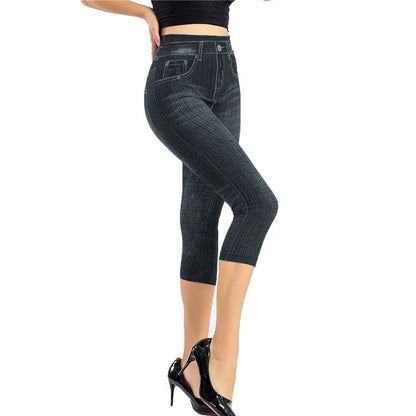 Women’s Denim-Print Slim Leggings – Faux Jeans Stretch Pants