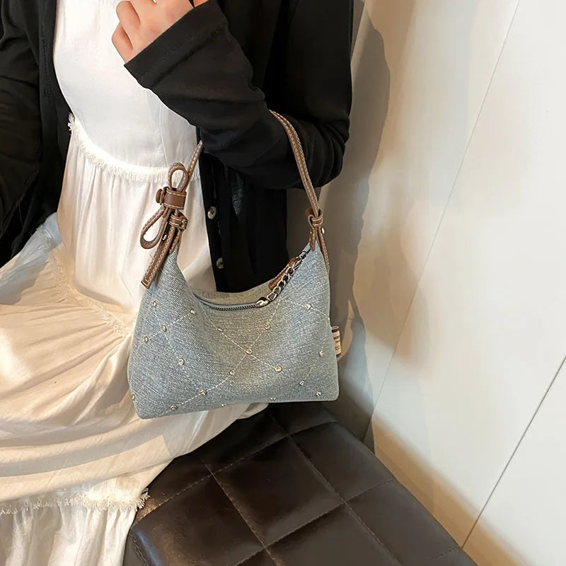 Women’s Denim Armpit Bag – 2025 Trendy Beaded Shoulder & Crossbody Tote