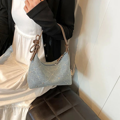 Women’s Denim Armpit Bag – 2025 Trendy Beaded Shoulder & Crossbody Tote