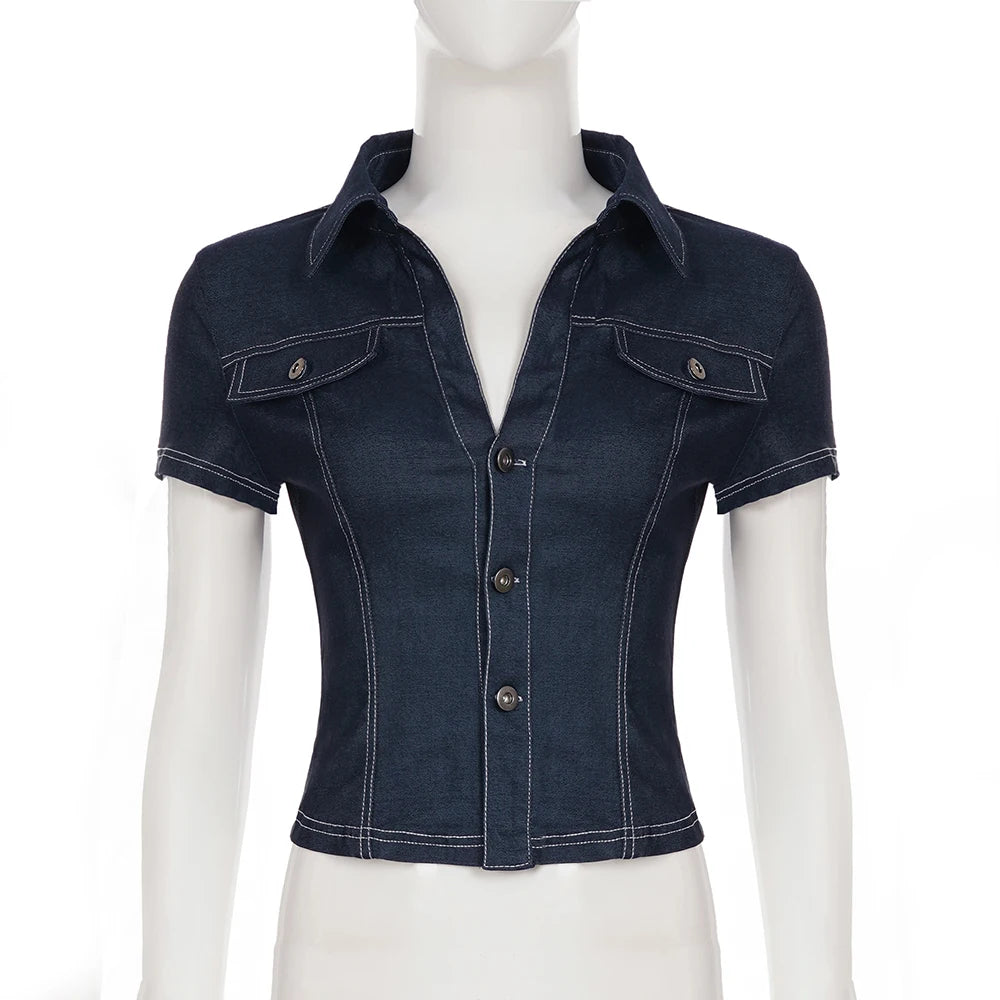 Retro Lapel Denim Top