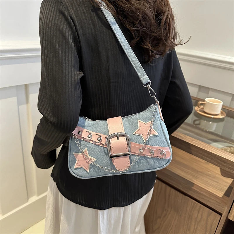 Women’s Denim Shoulder Bag – Star Pattern Hobo Tote
