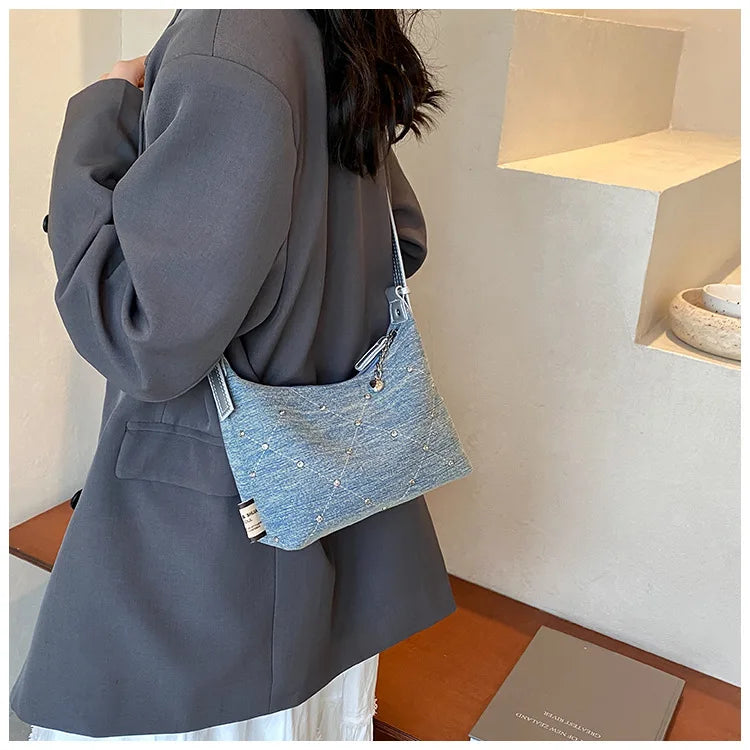 Women’s Denim Armpit Bag – 2025 Trendy Beaded Shoulder & Crossbody Tote