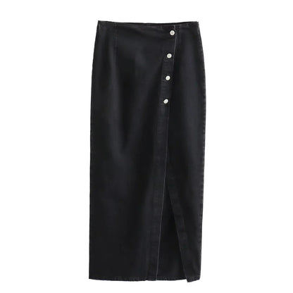 Women’s Button-Front Denim Midi Skirt with Side Slit