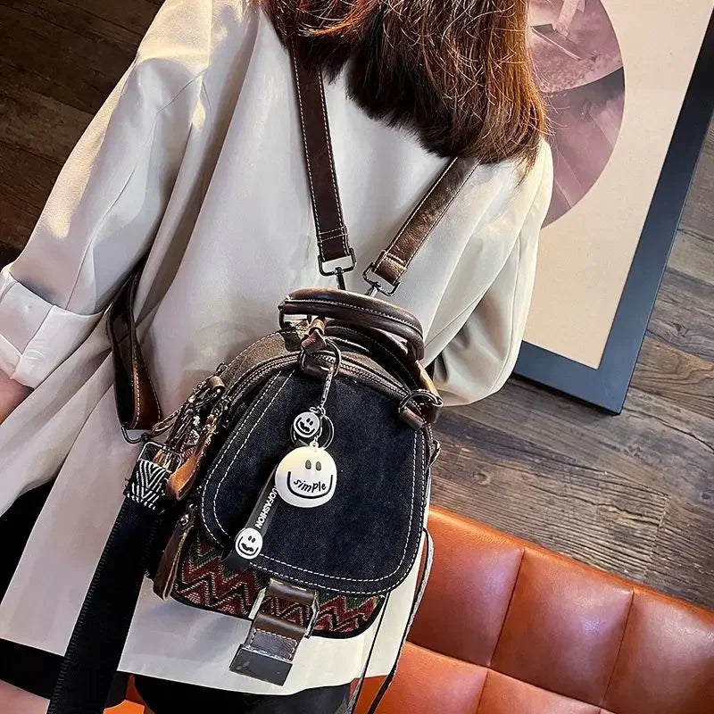 Women’s Denim Embroidered Backpack – Retro Ethnic Crossbody Bag
