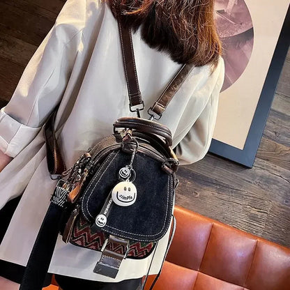 Women’s Denim Embroidered Backpack – Retro Ethnic Crossbody Bag