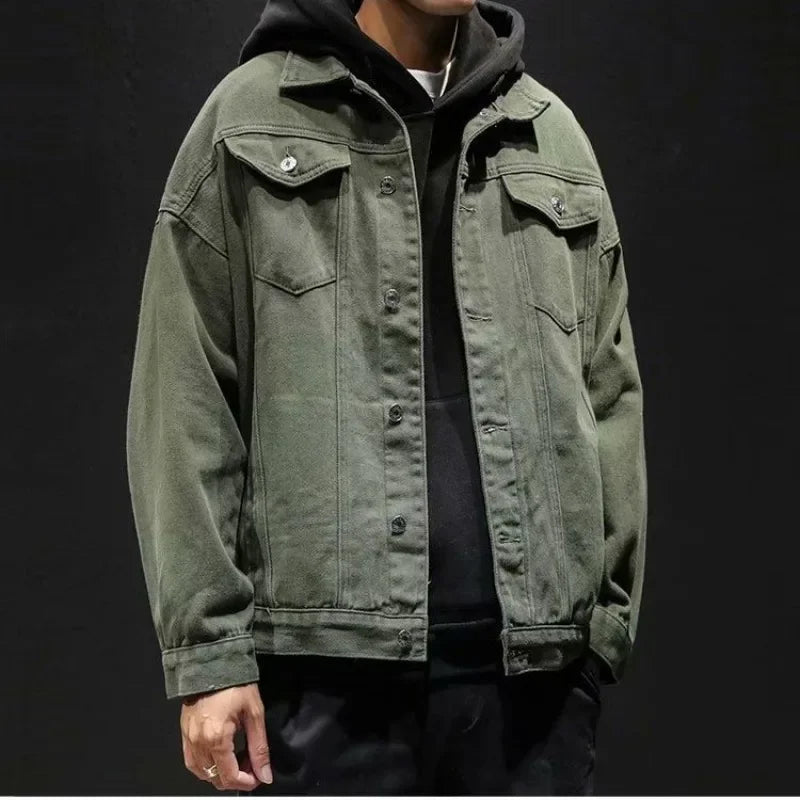 Men’s Black Denim Jacket – Cargo Style, Loose Fit Y2K Outerwear