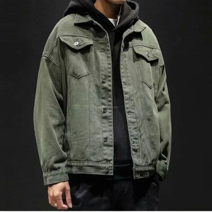 Men’s Black Denim Jacket – Cargo Style, Loose Fit Y2K Outerwear